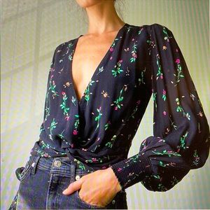 AFRM | Black Floral Deep V Cropped Blouse | XS